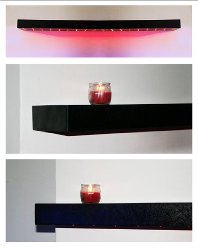 New Gloss Black Wandregal Regal aus Holz, handgefertigt, mit roter LED Beleuchtung