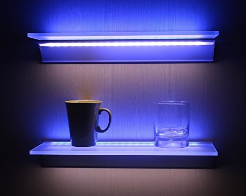 3er SET Glasregal mit doppeltem Aluprofil für LED-Bänder und zwei LED-Bändern in blau und kalt-weiß, Alu Profil in Perlsilber-Farbe, Größen 41 cm, 8mm-Hartglas, Opal