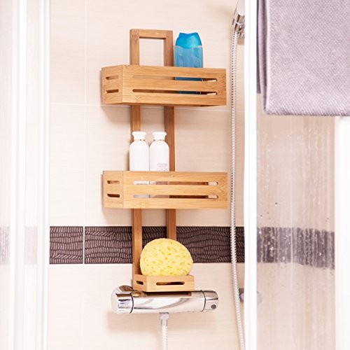 Relaxdays Duschregal Bambus H x B x T: 65 x 28 x 15,5 cm Duschablage aus Holz als Hängeregal Dusche mit 3 Ablagen Duschkorb als Badregal zum Hängen und rostfreier Badschrank sowie Badablage, natur