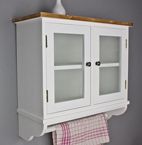 elbmöbel Wandregal für die Küche | Garderobe aus Holz in braun und weiß | Regal im Landhaus Stil | Ideal als hängender Wandschrank mit Glastüren und Handtuchstange | In der Wohnung am besten als Küchenregal