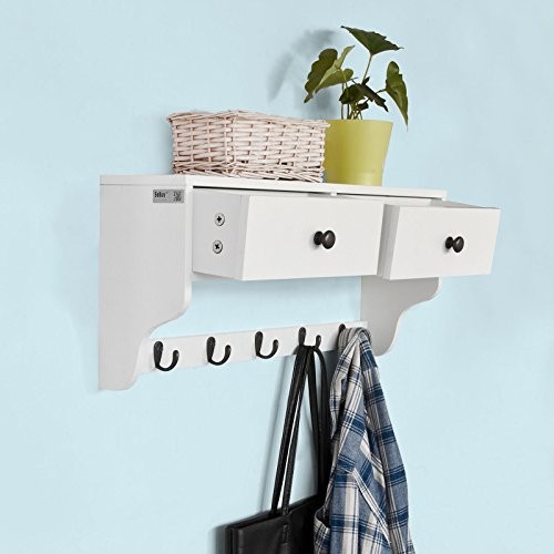 SoBuy® Wandschrank Wandgarderobe Wandregal Hängeregal mit 2 Schubladen und 5 Haken MDF weiß, FRG178-W