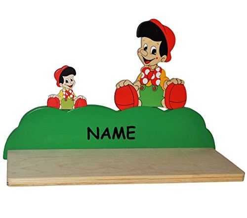 Wandregal aus massiven Holz - Pinocchio - kleiner Junge incl. Name -für Kinder Kinderregal / Bücherregal / Hängeregal / Regal Tier - Hunde Helikopter - Kinderzimmer Wandboard - Tiere