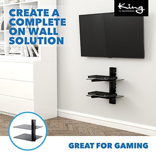 King Glasregal mit Wandhalterung, Schwarz Glas, fur DVD, Blu-Ray, Multimedia, Hifi, Wandregal x 2