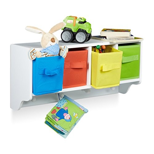 Relaxdays Kinder Wandregal ALBUS, Wandgarderobe mit 4 Kleiderhaken, Kinderregal mit 4 bunte Faltboxen, HBT: ca. 28 x 61 x 16 cm, weiß