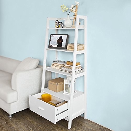 SoBuy® Leiterregal,Bücherregal,Standregal,Badregal,mit Ablagen und Schublade in Weiß, B 64cm, FRG116-W