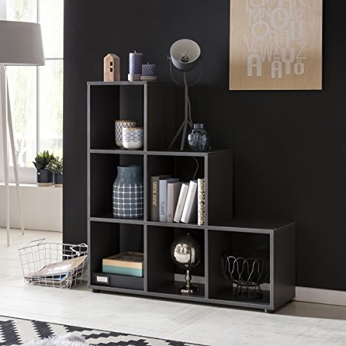 FineBuy Stufenregal LENA Grau Treppenregal für Ordner & Bücher 6 Fächer Holz | Design Raumteiler Regal | Modernes Aktenregal | Bücherregal