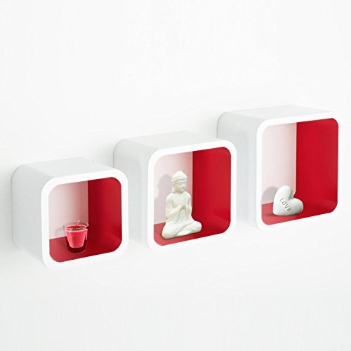 casa pura® Design Wandregal Cambridge | Set aus 3 Würfeln | Hochglanz | "freischwebend" (versteckte Halterung) | gesundheitsfreundliche Materialien | 4 Farben (weiß / rot)