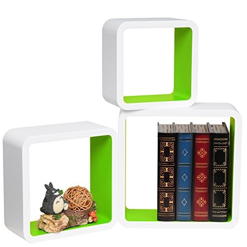 WOLTU RG9236gn Wandregal Schweberegale, 3er Set Lounge Cube Regal, Retro Bücherregal, MDF Holz, DIY zum Hängen, Weiß-gruen