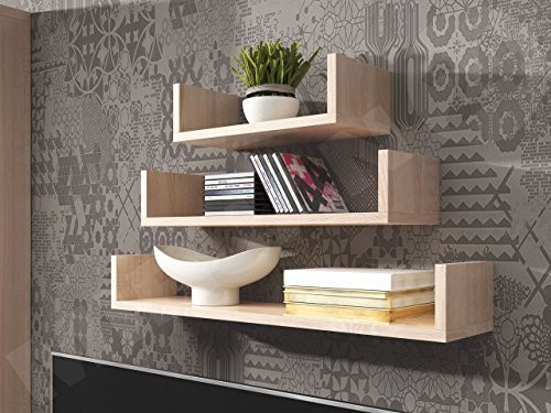 Regal Set Trio 004, Wandregal Set 3er, Breite: 40/60/80 cm, Dekoregal U-Form Wandboard (Sonoma Eiche)