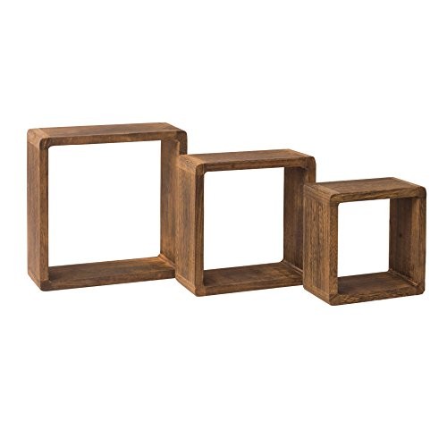 Rebecca Srl 3er-Set Wandregale Regale quadratisch Naturholz dunkel Cube Vintage Chic Wohnzimmer Zuhause (Code RE4180)