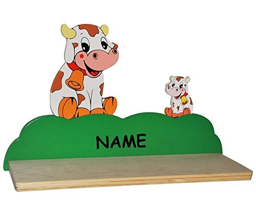 Wandregal aus massiven Holz - Kuh incl. Namen - Kinderzimmer Wandboard - Tiere - für Kinder Kinderregal / Bücherregal / Hängeregal / Regal Tier - Mädchen Jungen