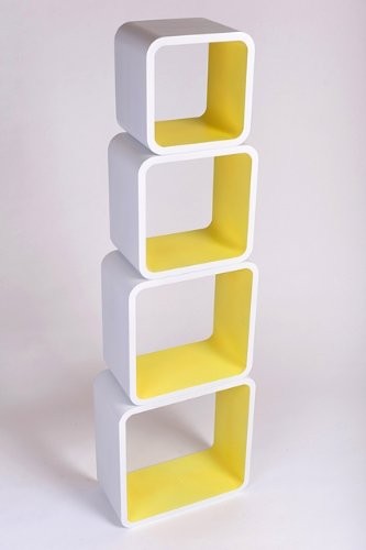 Verstärkte Vielen Farben MDF Retro Design Cube 4er Set Regal Regale Wandregal Deko Würfel CD DVD Lounge Cuben LO02 (Weiß/Gelb)