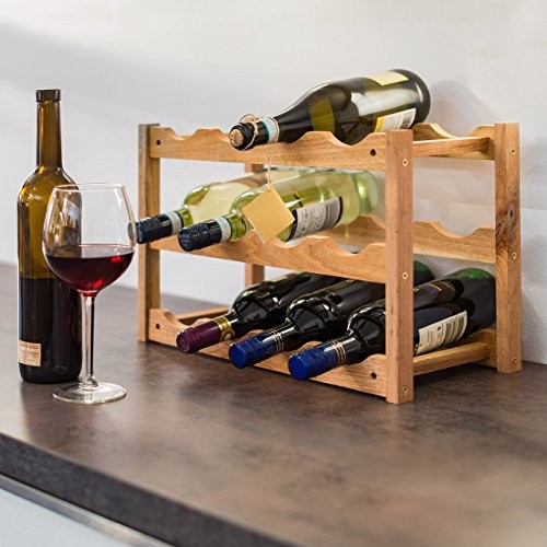 Relaxdays 10019279 Weinregal klein 28 x 42,5 x 21 cm Holz Flaschenregal mit 3 Ebenen für 12 Flaschen Wein kleiner Weinflaschenhalter aus Walnuss geölt zur waagerechten Lagerung, natürlich