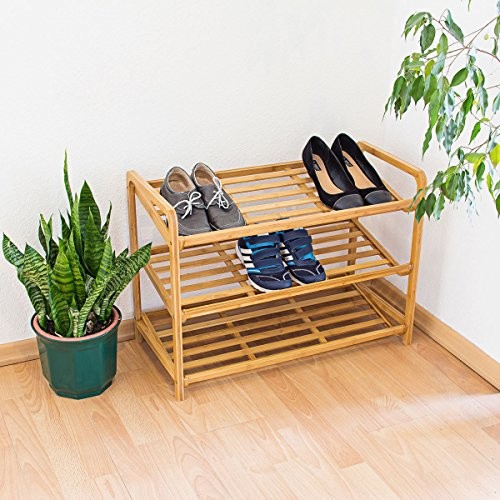 Relaxdays Schuhregal Bambus HxBxT 67x70,5x33 cm schräge Schuhablage mit 3 geräumigen Ebenen aus natürlichem Bambus als Schuhständer und praktisches Accessoire für den Flur und die Wohnung, natur