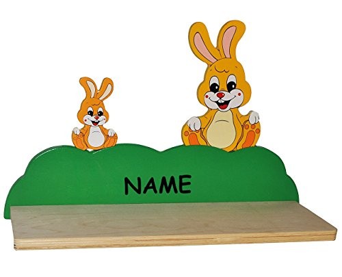 Wandregal aus massiven Holz - Hase / Hasen incl. Namen - Kinderzimmer Wandboard - Tiere - für Kinder Kinderregal / Bücherregal / Hängeregal / Regal Tier - Mädchen Jungen