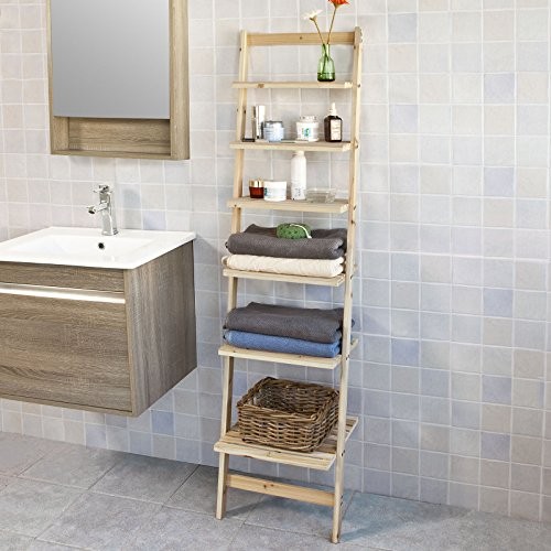 SoBuy® Leiterregal, Badregal, Bücherregal, mit sechs Böden, B41XT20XH165cm, Spießtannenholz, FRG161-N