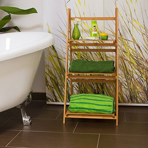 Relaxdays Leiterregal Bambus H x B x T: 100 x 45 x 33 cm Badregal mit 3 praktischen Ablageflächen auch als Standregal und Küchenregal zu verwenden zum Auf- und Zuklappen für Bad und Wohnraum, natur