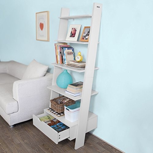 SoBuy® FRG112-W Leiterregal in weiß Bücherregal Standregal Badregal mit 4 Ablagen und Schublade