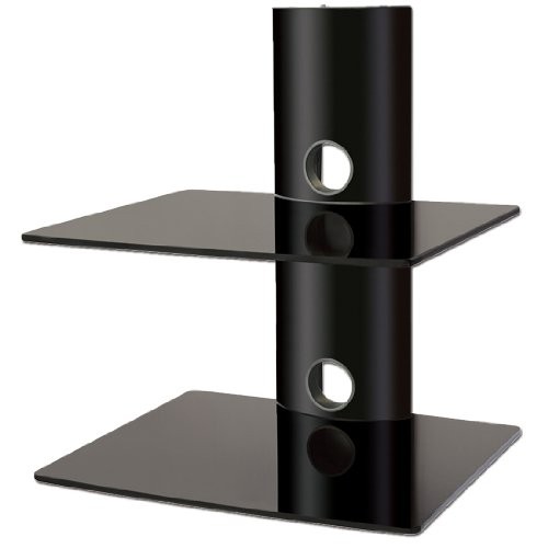 Bracketsales123 Multimedia Wandregal TV Rack Hifi Rack Möbel Wandhalterung für DVD Player Glasregal Wandboard mit 2 Glas-Ablagen Sicherheitsglas und Kabelmanagement-System Schwarz