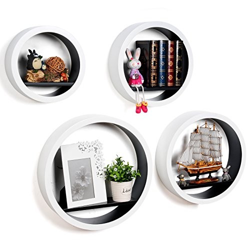 WOLTU RG9231sz-a Rund Schweberegale Wandregal, Holzregal Lounge Cube Regal, Retro Bücherregal, DIY zum Hängen, 4er Größe Set, Weiß-schwarz