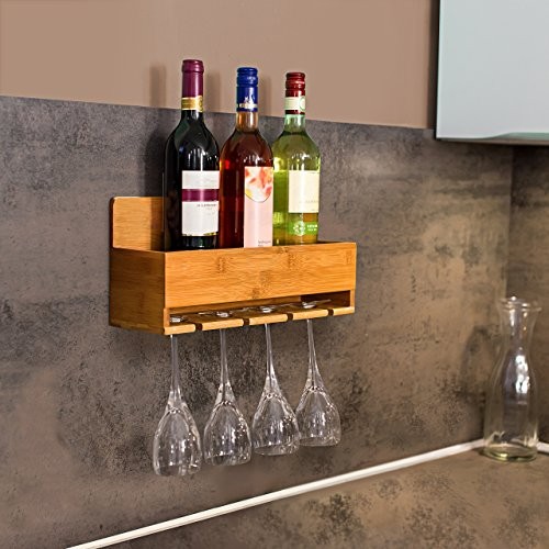 Relaxdays Weinregal mit Glashalter H x B x T: ca. 17 x 37 x 11,5 cm Flaschenregal aus Bambus mit Platz für 4 Flaschen und 4 Gläser zur Wandmontage Hängeregal Holz als Weinflaschenhalter Ablage, natur