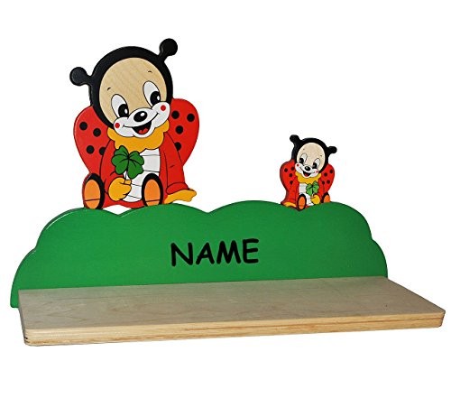 Wandregal aus massiven Holz - Marienkäfer incl. Namen - Kinderzimmer Wandboard - Tiere - für Kinder Kinderregal / Bücherregal / Hängeregal / Regal Tier - Mädchen Jungen