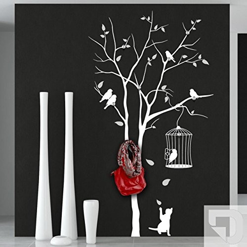 DESIGNSCAPE® Garderobe Baum mit Vogelkäfig und andersfarbigen Blättern mit 8 Garderobenhaken 87 x 160 cm (Breite x Höhe) Farbe 1: hellgrau inkl. 8 Edelstahl Wandhaken DW811006-M-F22