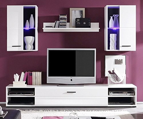 Anbauwand Freya Hochglanz Weiss 200 cm mit LED Beleuchtung