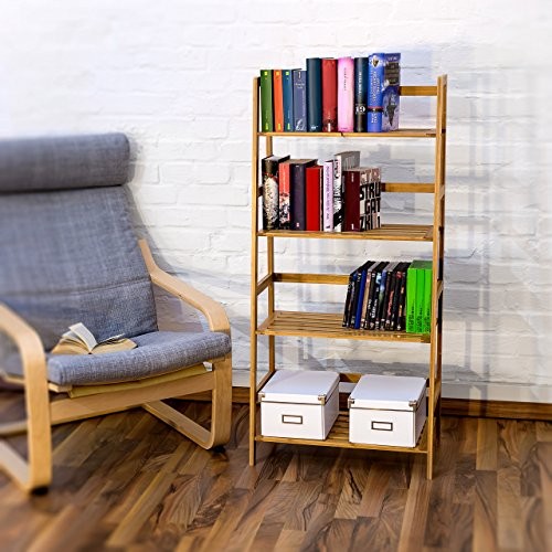 Relaxdays Bücherregal aus Bambus mit 4 Ablagen HxBxT: ca. 120 x 57 x 31 cm Regal für Bücher in Leiterform Standregal mit Durschubsicherung als Bücherschrank und Büroregal Aktenregal aus Holz, natur