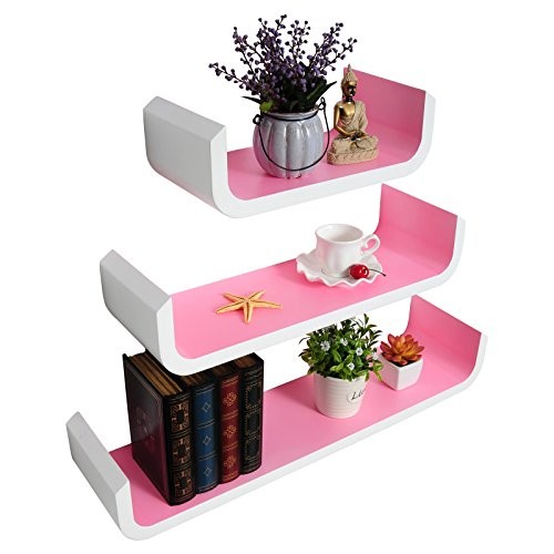 WOLTU RG9273rs-c SCHWEBEREGAL WANDREGAL BÜCHER CD/DVD REGAL HÄNGEREGAL HOLZREGAL BOARD WEIß-ROSA