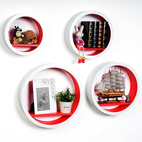 WOLTU RG9231nrt-a Rund Schweberegale Wandregal, Holzregal Lounge Cube Regal, Retro Bücherregal, DIY zum Hängen, 4er Größe Set, Weiß-rot