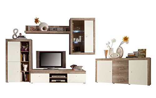 Wohnzimmer Lamount D 289(463)x202x50 cm Eiche Magnolie Schrankwand Wohnwand Vitrine Wandschrank Wandboard TV-Board LED-Beleuchtung