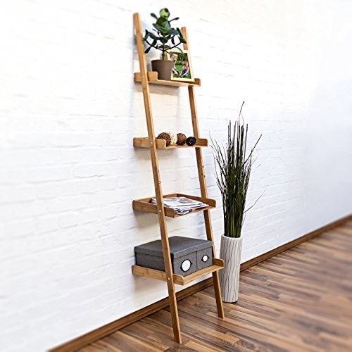 Relaxdays Leiterregal Bambus HxBxT 176 x 44 x 37 cm 4-stufiges Standregal mit Ablagen als dekoratives Regal für das Arbeitszimmer und Wohnzimmer als Wandlehnregal und Holzregal mit 4 Fächern, natur