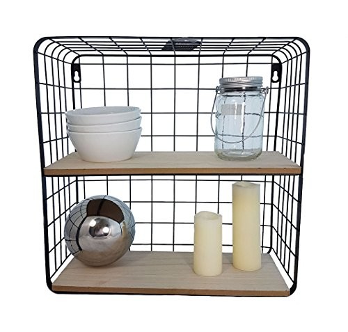 Gitter Wandregal mit 2 Holzablagen 40x40x15 cm - Modernes Küchenregal oder Badregal aus Metall und Holz