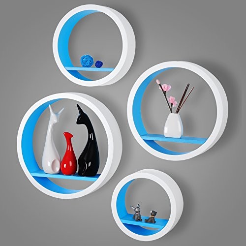 WOLTU RG9231bl-1 Wandregal Rund, MDF Holz, Bücherregal Hängeregal, Wandboard CD Regal, Blau