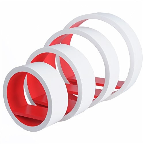 WOLTU RG9231rt Wandregal Schweberegale, 4er Set Oval Lounge Cube Regal, Retro Bücherregal, MDF Holz, DIY zum Hängen, Weiß-koralle rot