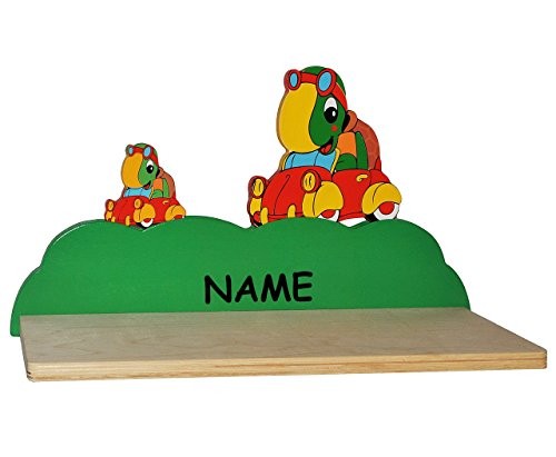 Wandregal aus massiven Holz - Schildkröte im Auto incl. Namen - Kinderzimmer Wandboard - Tiere - für Kinder Kinderregal / Bücherregal / Hängeregal / Regal Tier - Mädchen Jungen
