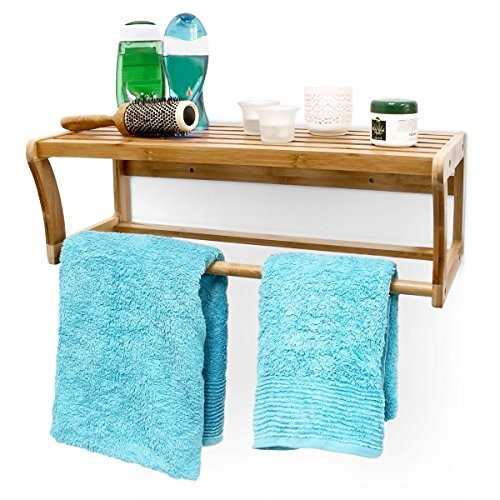 Relaxdays Wandregal mit Handtuchstange aus Bambus HBT 20 x 60 x 26 cm Badregal zur Wandmontage als Handtuchhalter mit Ablage Wandhandtuchhalter aus Holz als Hängeregal für das Bad, natur