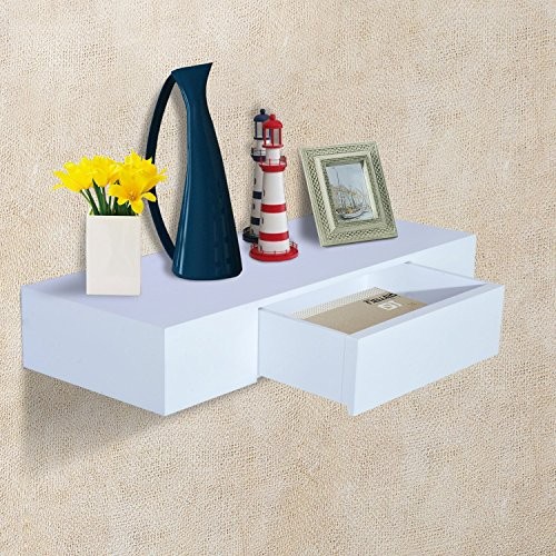 Wandboard Wandregal Hängeregal mit Schublade Regal Ablage, MDF, Weiß, W60 x D24 x H10cm