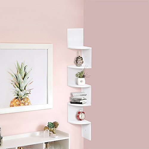 Finether weißes Eck-Wandregal 5 Böden Zickzackregal Hängeregal Wand-Eckregal Ecke Wandablage aus MDF-Holz für Ablage von Dekoartikel Fotorahmen Bücher Deko Regal in Lounge Wohnzimmer unsichtbare Wandmontage Zickzack