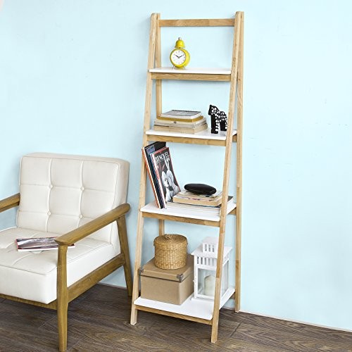 SoBuy® Leiterregal, klappbar, Standregal, Bücherregal, mit 4 Böden, B42XT34XH140cm, Kautschukholz und MDF, FRG162-N