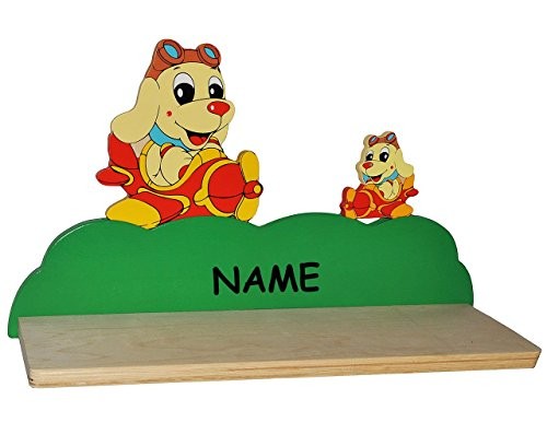 Wandregal aus massiven Holz - Hund im Flugzeug incl. Name -für Kinder Kinderregal / Bücherregal / Hängeregal / Regal Tier - Hunde Helikopter - Kinderzimmer Wandboard - Tiere
