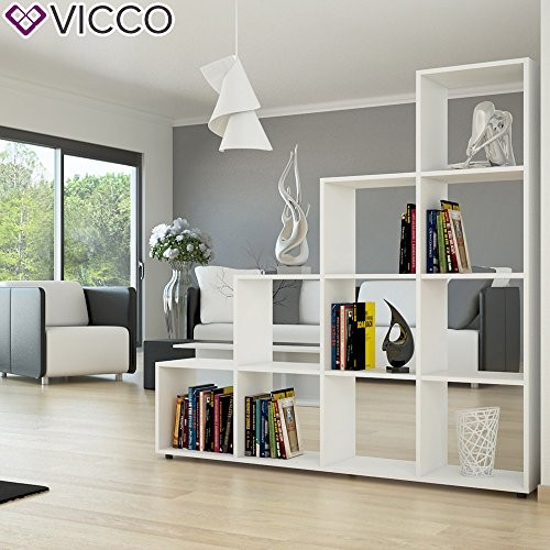 VICCO Treppenregal Weiß 10 Fächer - Raumteiler Stufenregal Bücherregal Aktenregal Standregal