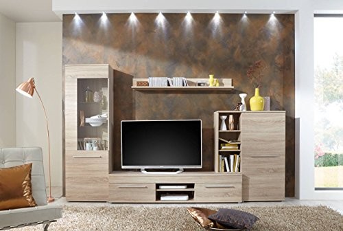 Wohnwand Wohnzimmerschrank Fernseh Schrank Anbauwand TV-Element CANNES in Eiche Sonoma - Made in Germany B/H/T 288 / 181 / 36 cm (Wohnwand mit Beleuchtung)