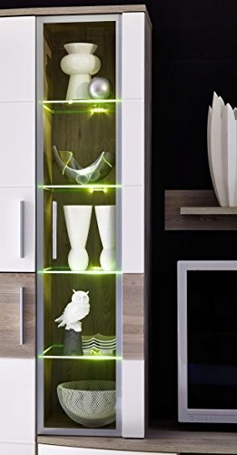 Wohnwand Wohnzimmer-Set "JAM" 5 tlg. Vitrine Wandboard TV Regal weiß Eiche LED Beleuchtung Softclose